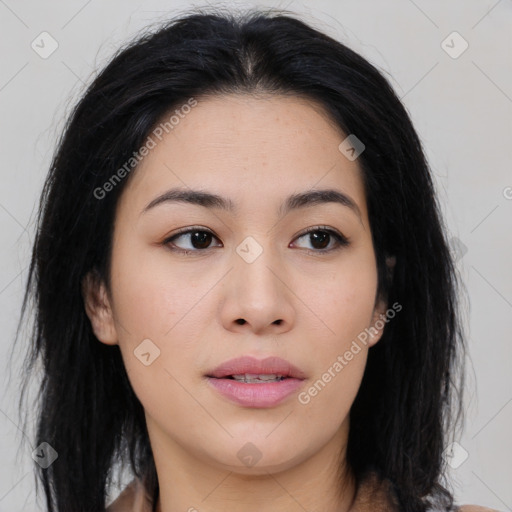 Joyful asian young-adult female with medium  black hair and brown eyes