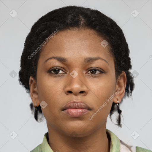 Neutral black young-adult female with short  brown hair and brown eyes