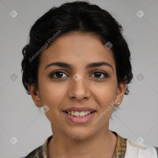 Joyful latino young-adult female with short  brown hair and brown eyes