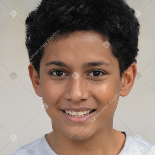 Joyful latino young-adult male with short  brown hair and brown eyes