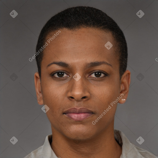 Neutral black young-adult female with short  brown hair and brown eyes