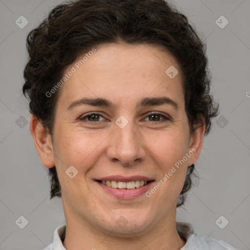 Joyful white adult female with short  brown hair and brown eyes