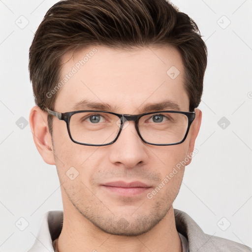 Neutral white young-adult male with short  brown hair and grey eyes