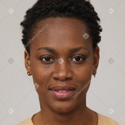 Neutral black young-adult female with short  black hair and brown eyes