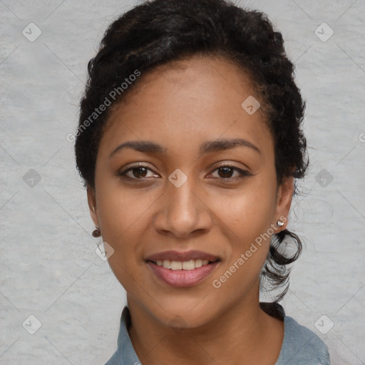 Joyful latino young-adult female with short  black hair and brown eyes