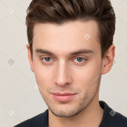 Neutral white young-adult male with short  brown hair and brown eyes