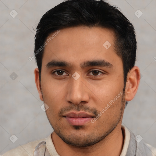 Neutral asian young-adult male with short  black hair and brown eyes