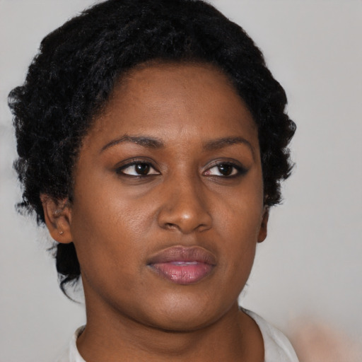 Neutral black young-adult female with short  brown hair and brown eyes