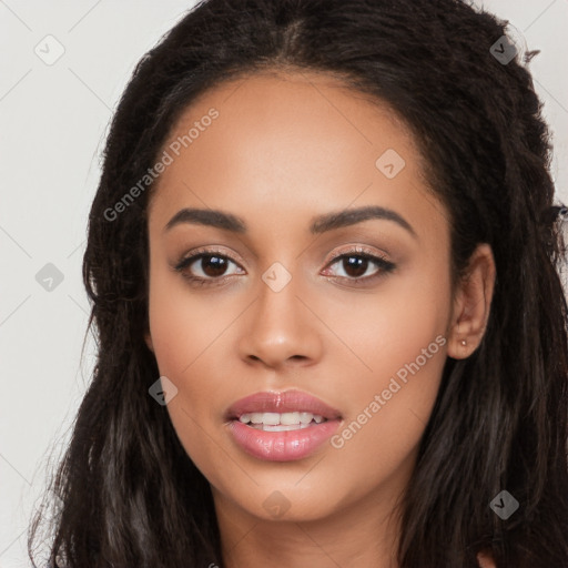 Joyful latino young-adult female with long  black hair and brown eyes