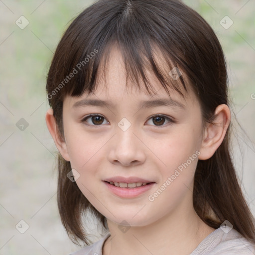 Joyful white child female with medium  brown hair and brown eyes