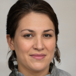 Joyful white adult female with medium  brown hair and brown eyes