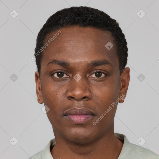 Neutral black young-adult male with short  black hair and brown eyes
