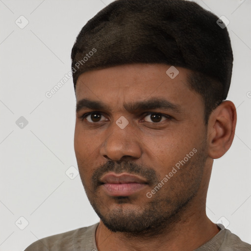 Neutral black young-adult male with short  black hair and brown eyes