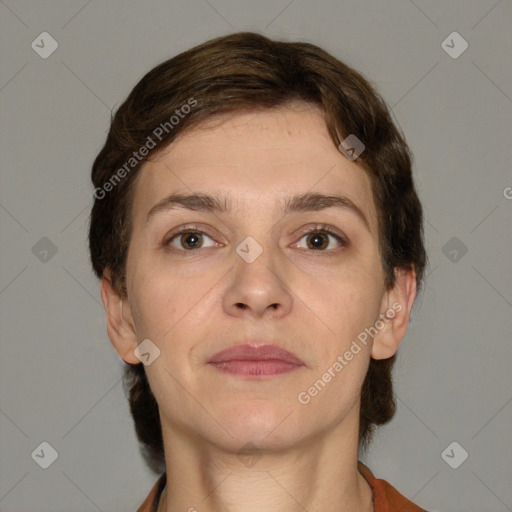 Neutral white young-adult female with short  brown hair and brown eyes