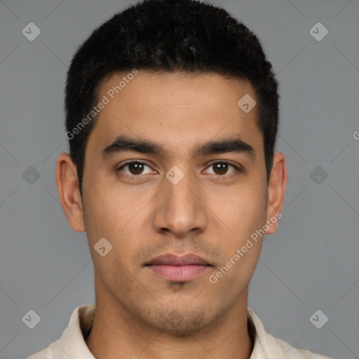 Neutral latino young-adult male with short  black hair and brown eyes