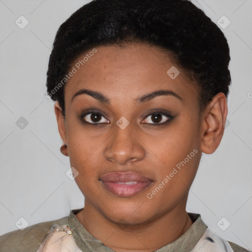 Joyful latino young-adult female with short  black hair and brown eyes