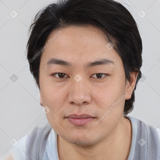 Neutral asian young-adult male with short  brown hair and brown eyes