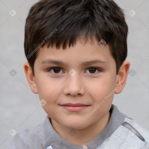 Joyful white child male with short  brown hair and brown eyes