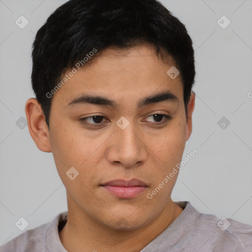 Neutral asian young-adult male with short  brown hair and brown eyes