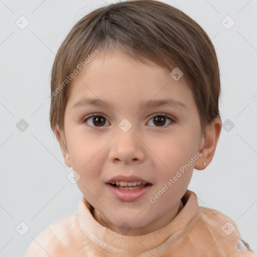 Joyful white child female with short  brown hair and brown eyes