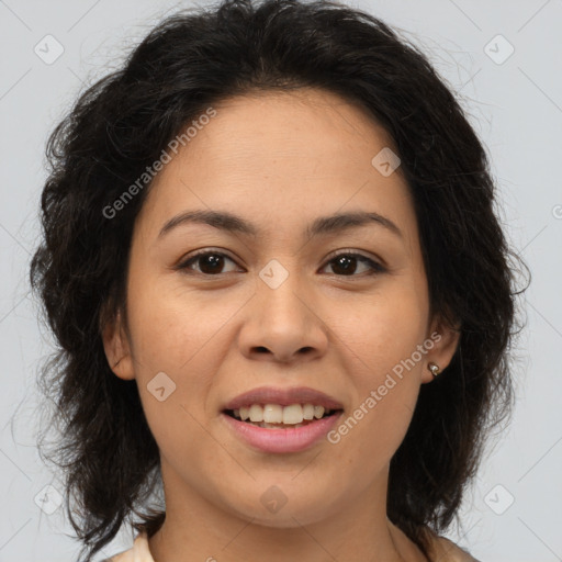 Joyful latino young-adult female with medium  brown hair and brown eyes