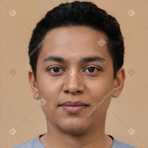 Joyful latino young-adult male with short  black hair and brown eyes