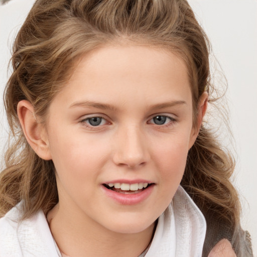 Joyful white child female with medium  brown hair and brown eyes