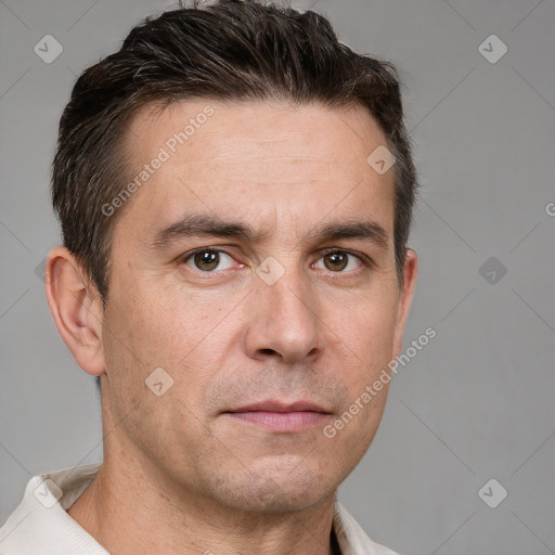 Neutral white adult male with short  brown hair and brown eyes