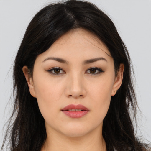 Neutral asian young-adult female with long  brown hair and brown eyes