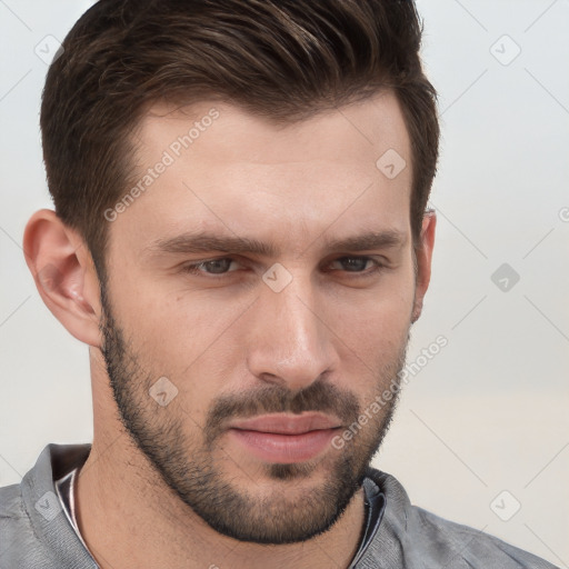 Neutral white young-adult male with short  brown hair and grey eyes