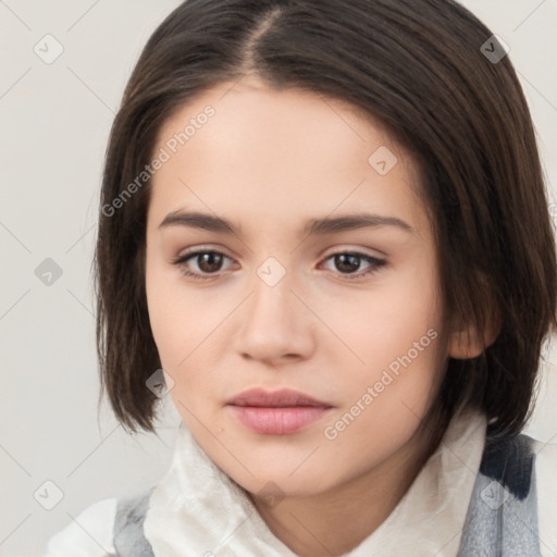 Neutral white young-adult female with medium  brown hair and brown eyes