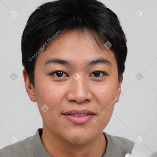 Joyful asian young-adult female with short  brown hair and brown eyes