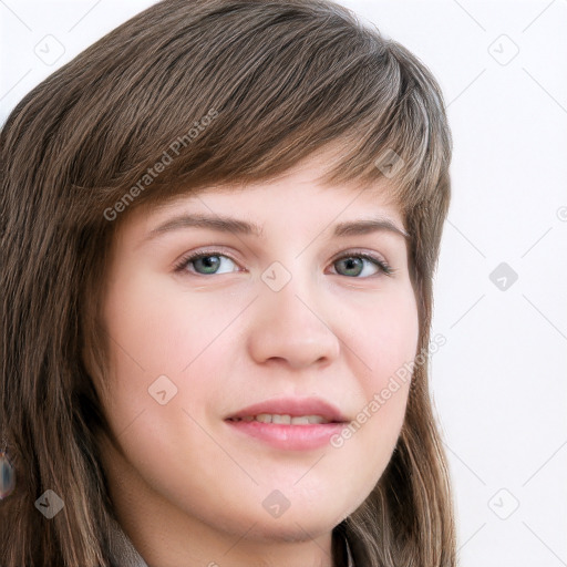 Neutral white young-adult female with long  brown hair and grey eyes