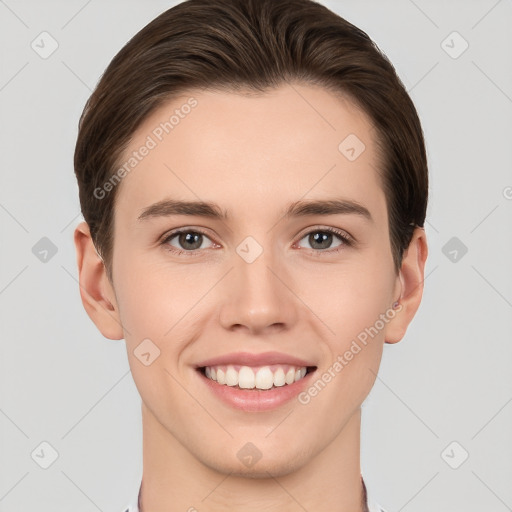 Joyful white young-adult female with short  brown hair and brown eyes