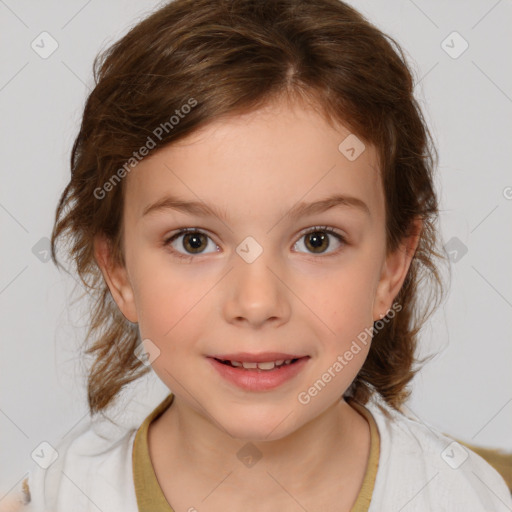 Joyful white child female with medium  brown hair and brown eyes