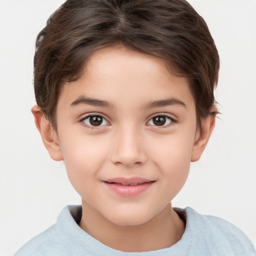 Joyful white child female with short  brown hair and brown eyes