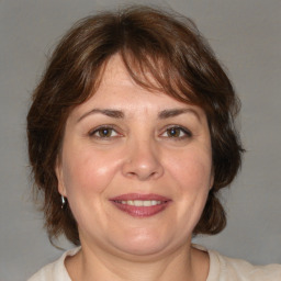 Joyful white adult female with medium  brown hair and brown eyes