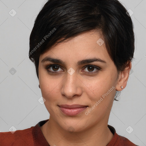 Joyful white young-adult female with medium  brown hair and brown eyes