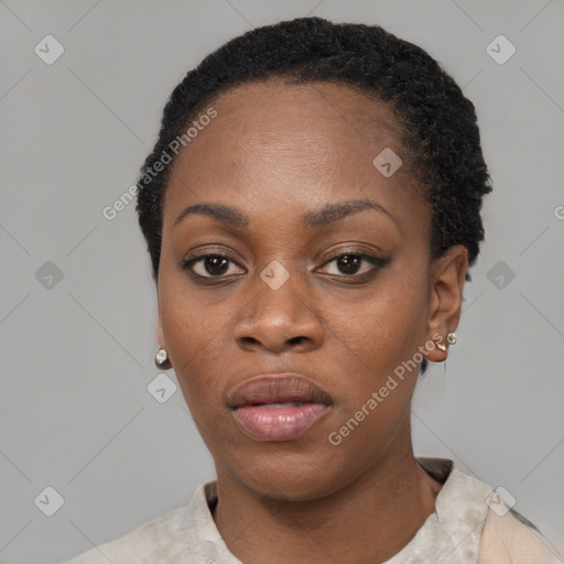 Neutral black young-adult female with short  black hair and brown eyes