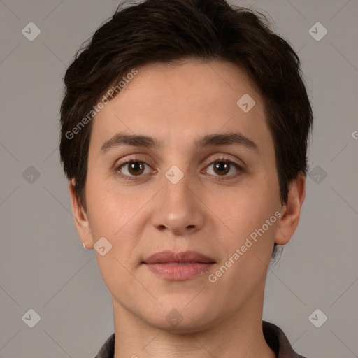 Joyful white young-adult female with short  brown hair and brown eyes