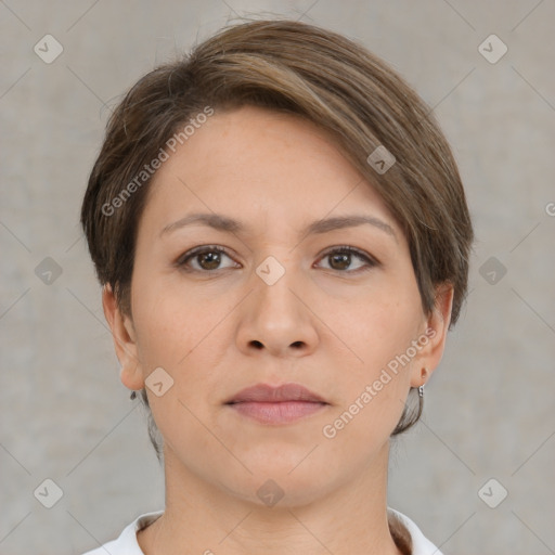 Neutral white young-adult female with short  brown hair and brown eyes