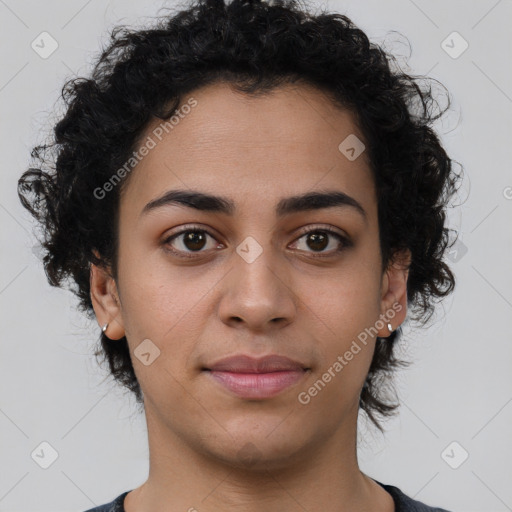 Joyful latino young-adult female with short  brown hair and brown eyes