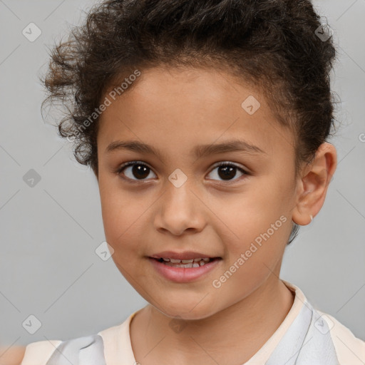 Joyful white child female with short  brown hair and brown eyes