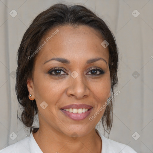 Joyful white adult female with medium  brown hair and brown eyes