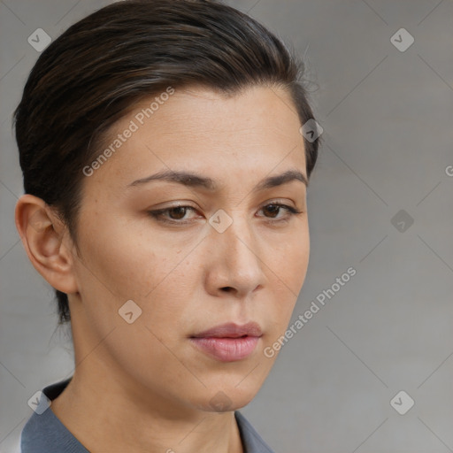 Neutral white young-adult female with medium  brown hair and brown eyes