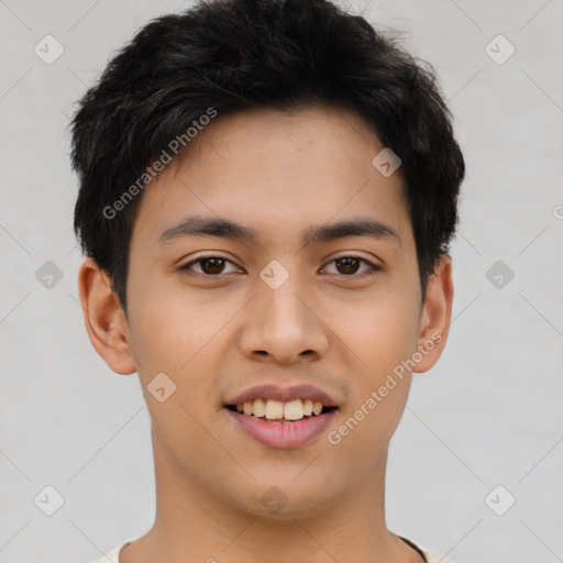 Joyful asian young-adult male with short  black hair and brown eyes