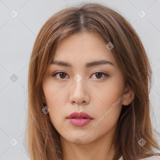 Neutral white young-adult female with long  brown hair and brown eyes