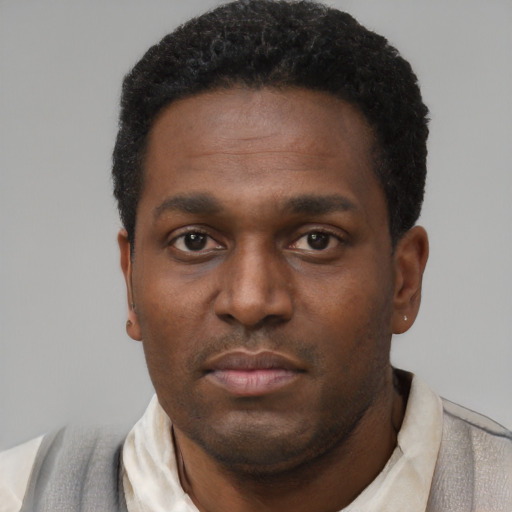 Neutral black young-adult male with short  black hair and brown eyes