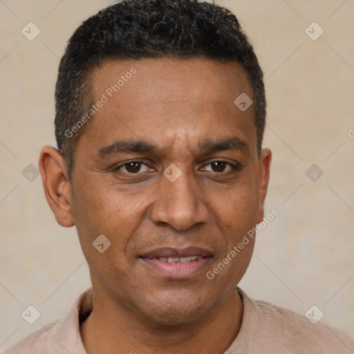 Joyful black adult male with short  brown hair and brown eyes