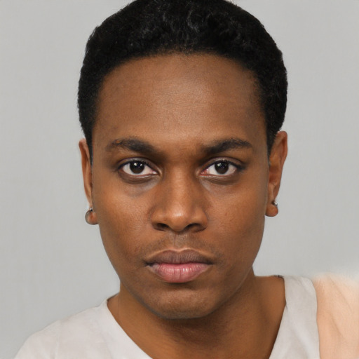 Neutral black young-adult male with short  black hair and brown eyes